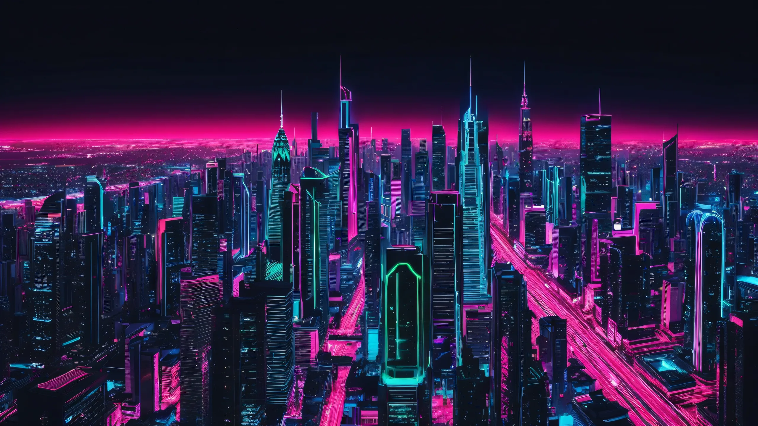 A futuristic desktop wallpaper featuring a neon-lit cityscape on a dark background, suitable for desktop/pc use.