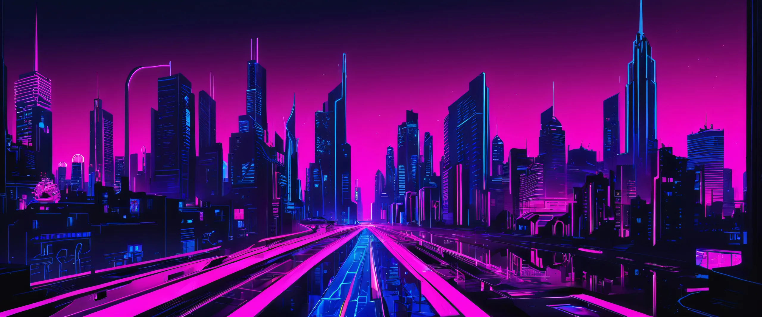 A stunning neon-drenched cityscape on a dark desktop background with perfect blacks and striking contrast, suitable for PCs or Macs.