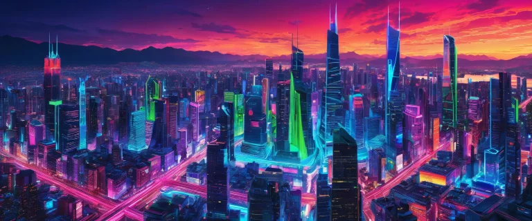 Ethereal cityscape with radiant lighting on a pristine desktop/pc background, perfect for macOS.