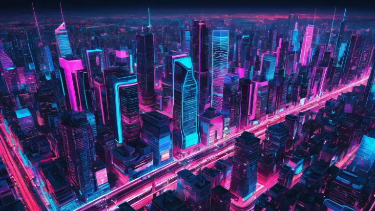 A stunning desktop wallpaper of a neon-lit cityscape set against a vast, pure void. Perfect for Desktop/PC.