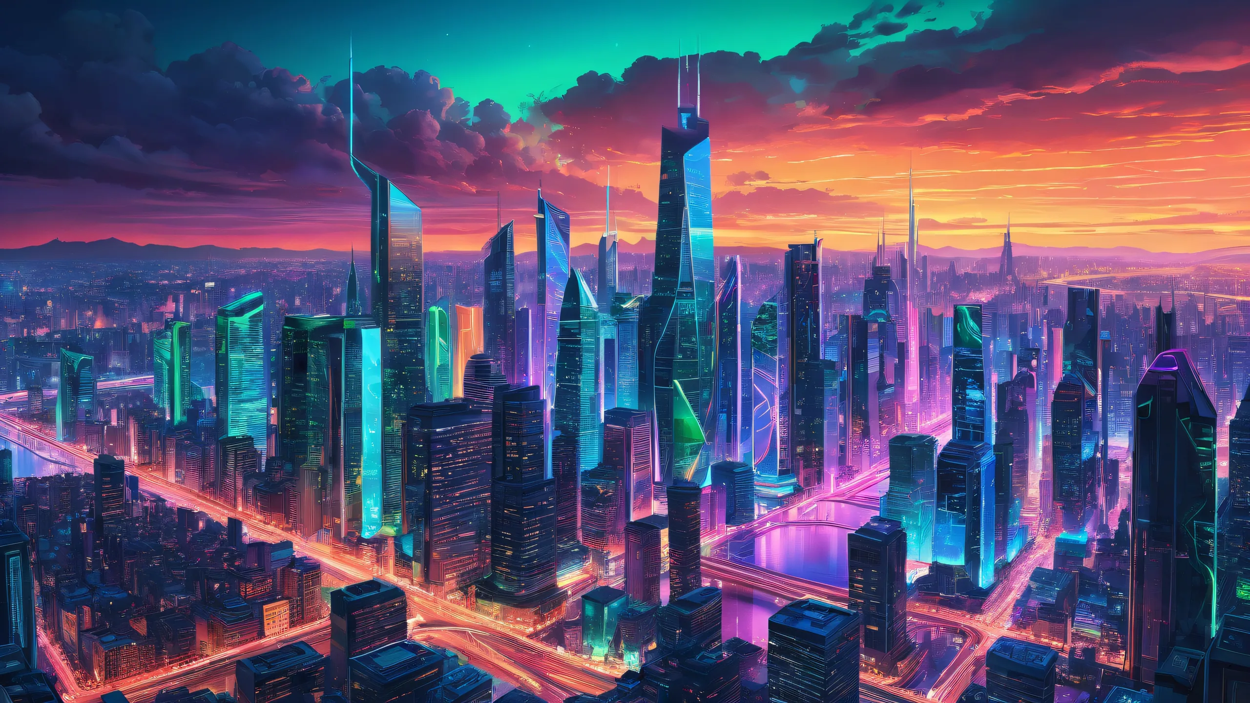 A stunning cyberpunk cityscape desktop image featuring a vast pure void and radiant colors for your PC or Desktop