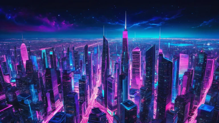 Desktop/PC wallpaper of an ethereal cityscape with neon lights and stars against a pure void background.