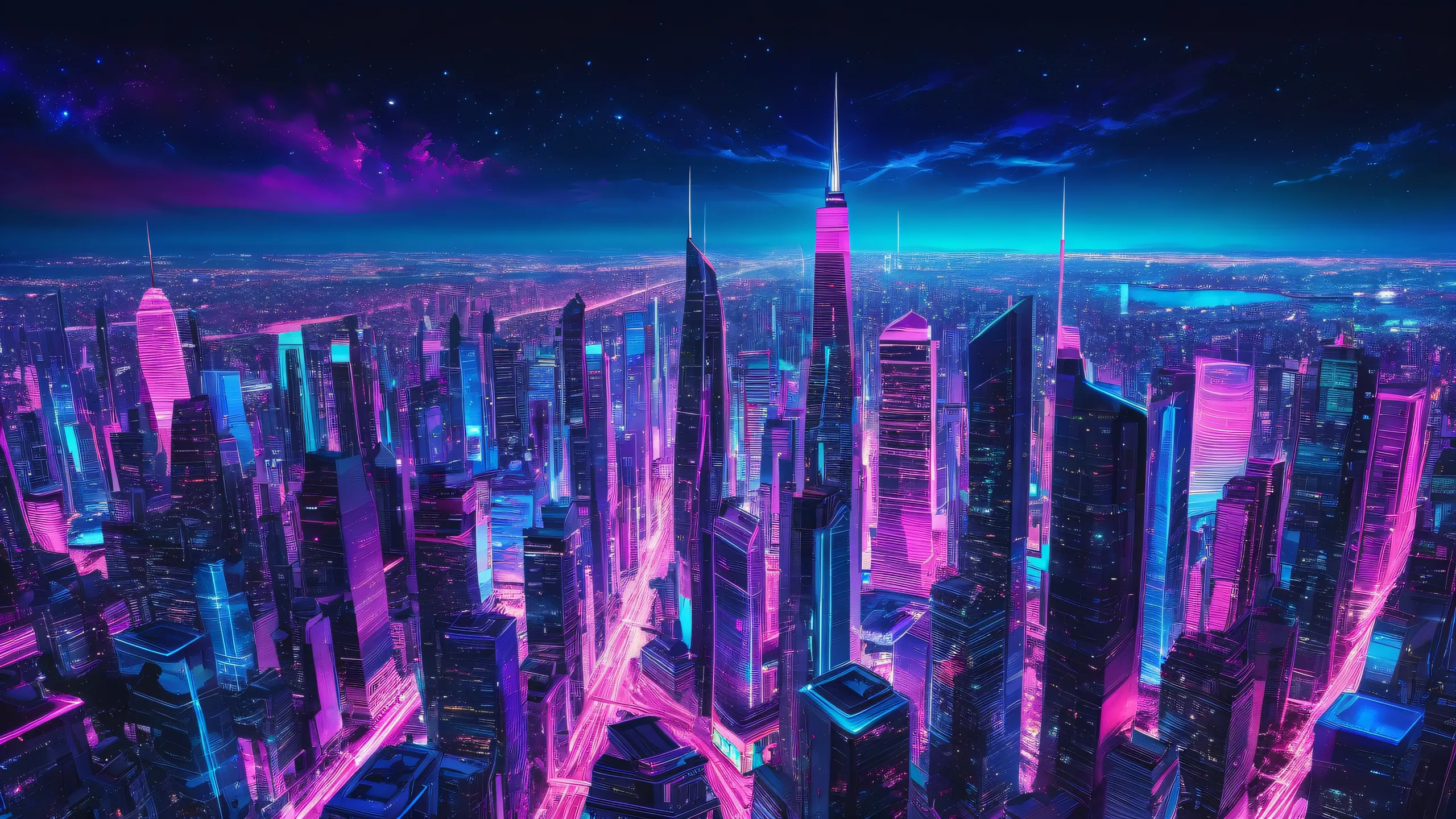 Desktop/PC wallpaper of an ethereal cityscape with neon lights and stars against a pure void background.
