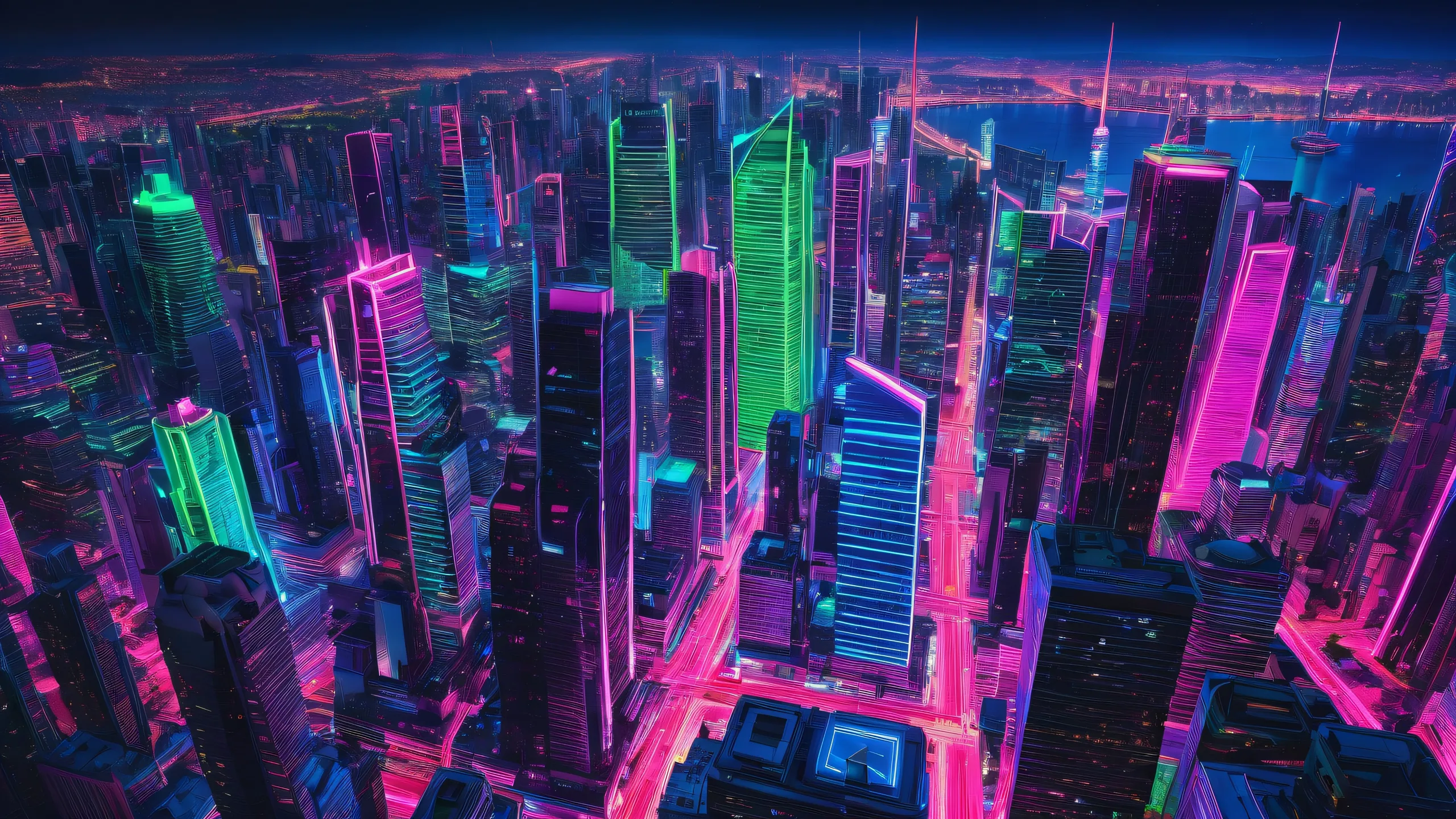 A futuristic desktop background featuring neon-crusted skyscrapers against a pure void backdrop, perfect for your Desktop/PC.