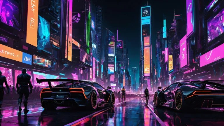 A futuristic cityscape on a desktop or PC with video game characters in the foreground, set against a pure void background with metallic and neon elements.