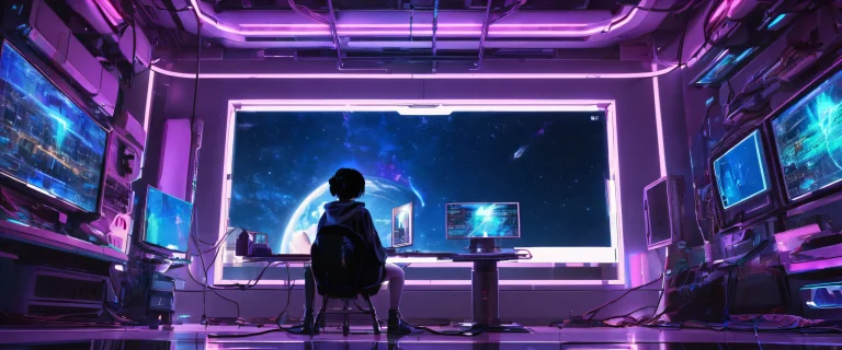 Lain Iwakura sitting amidst a vast, pure void with subtle wires and circuitry in the background, perfect for desktop/pc use.
