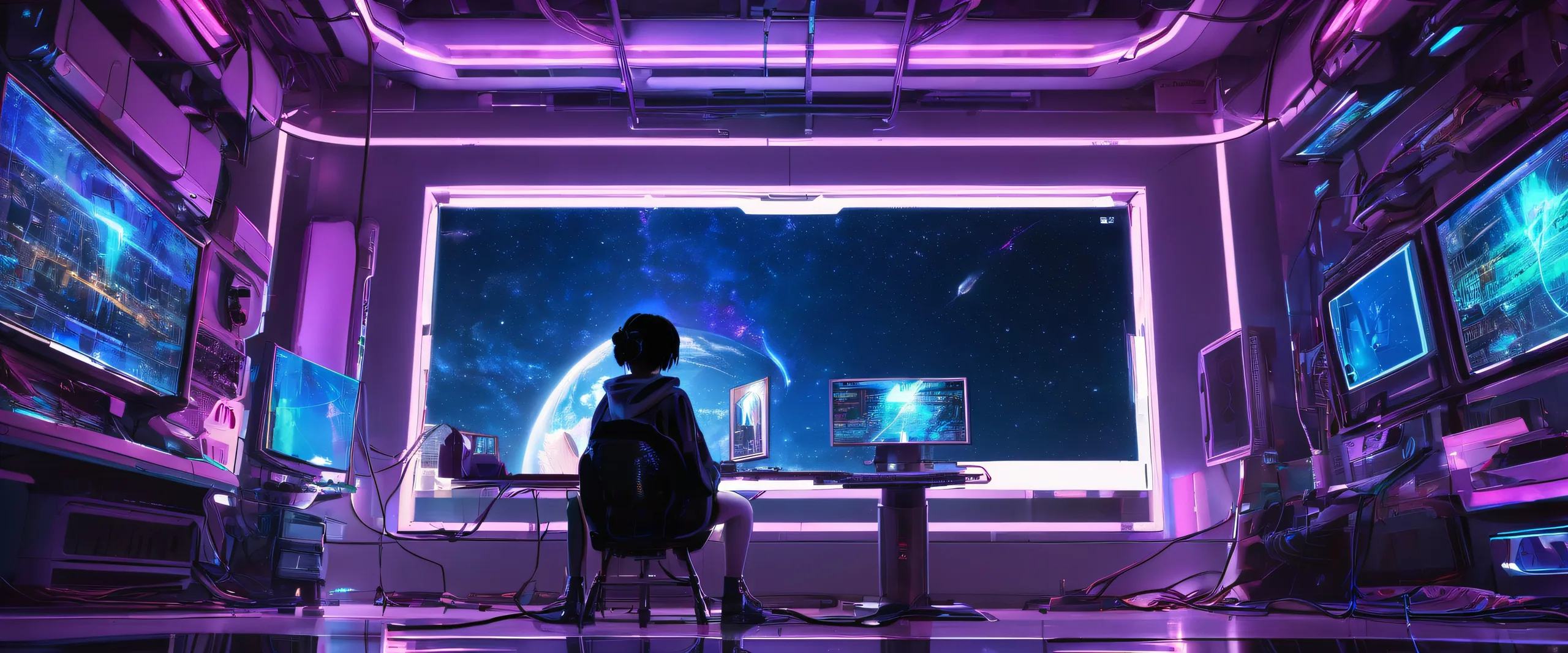 4K Neon Dreamscape Oasis Desktop Background Lain Iwakura sitting amidst a vast, pure void with subtle wires and circuitry in the background, perfect for desktop/pc use.