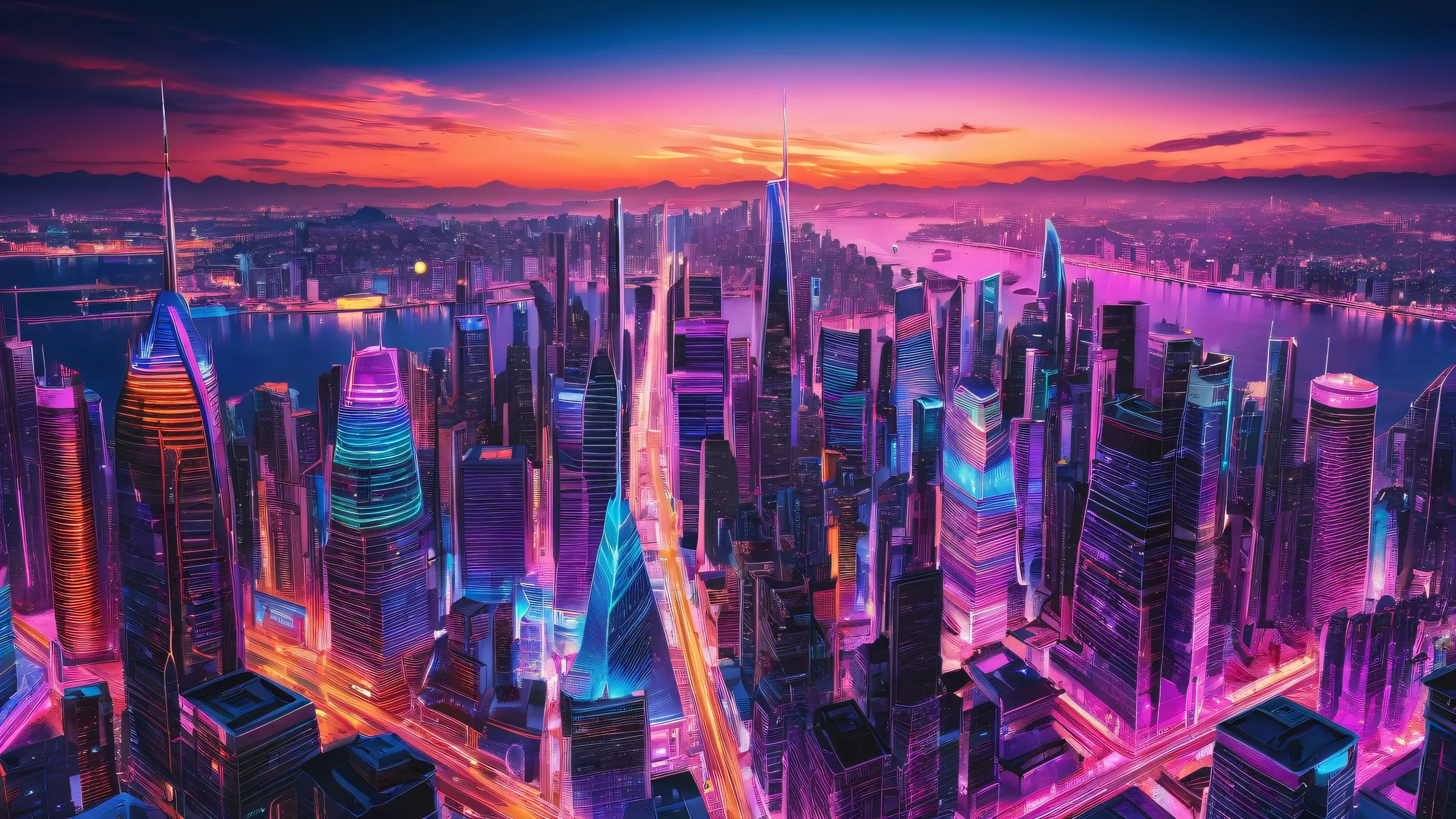 Neon Dreamscape Odyssey 4K UHD Wallpaper Ethereal cityscape on a pristine void background with holographic projections and radiant colors for Desktop/PC use.