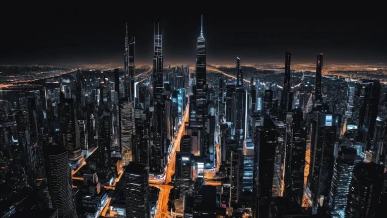 A stunning cityscape desktop image of a futuristic metropolis at night, with deep blacks and crisp contrast on a dark mode background, suitable for a Desktop/PC.