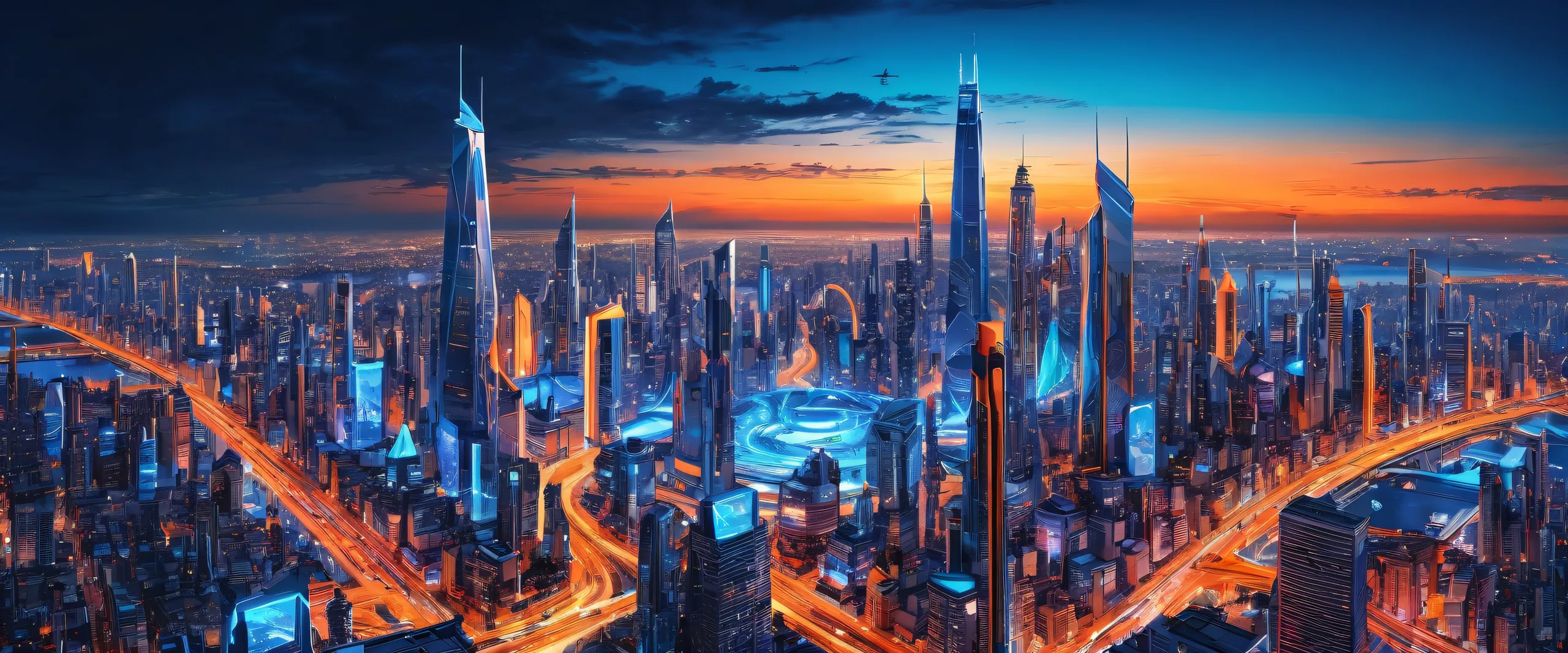 A futuristic cityscape for your desktop/PC, with a vast pure void and ethereal lighting.