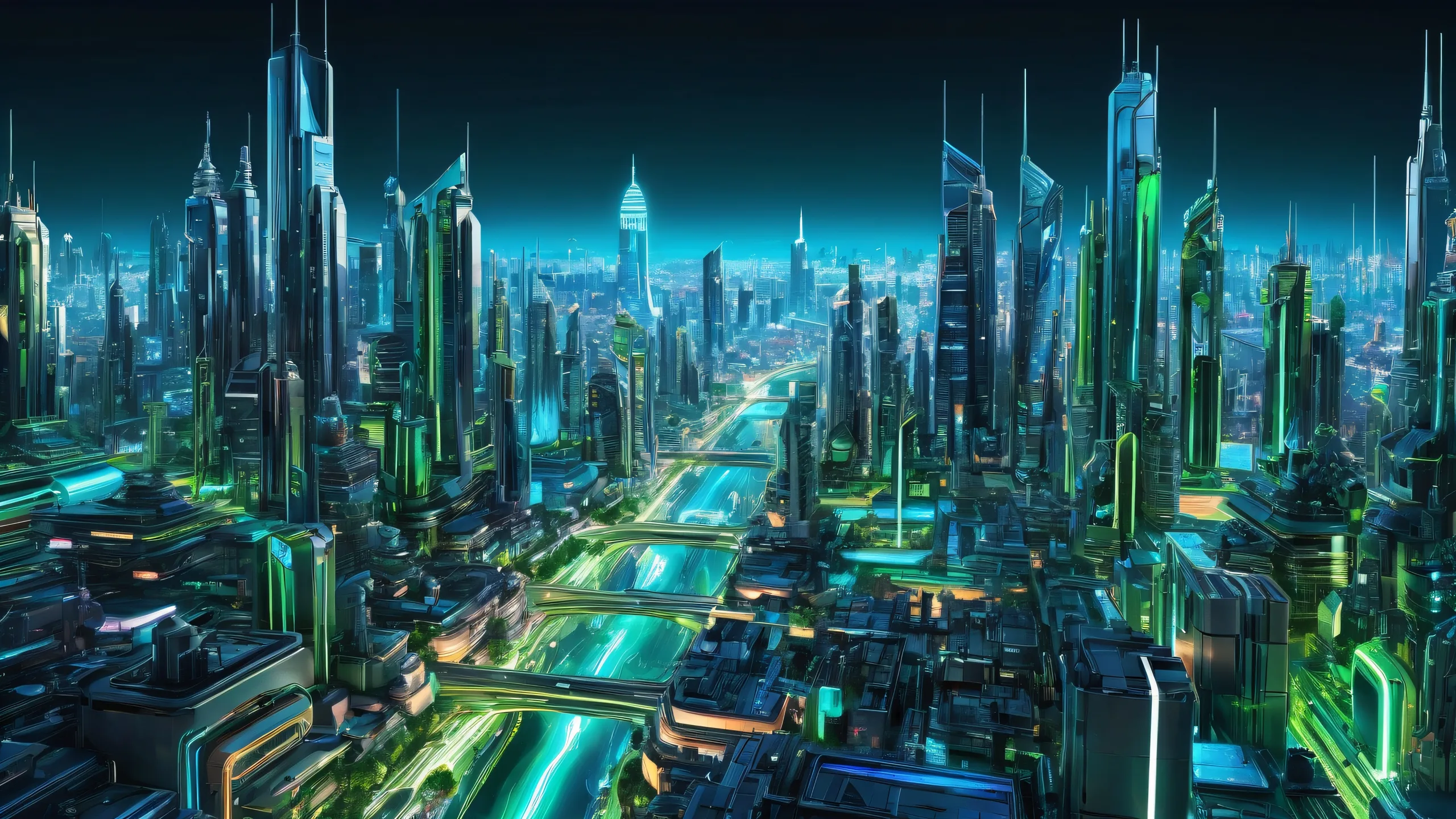 A futuristic cityscape on a desktop or PC, featuring holographic projections and neon-lit skyscrapers.