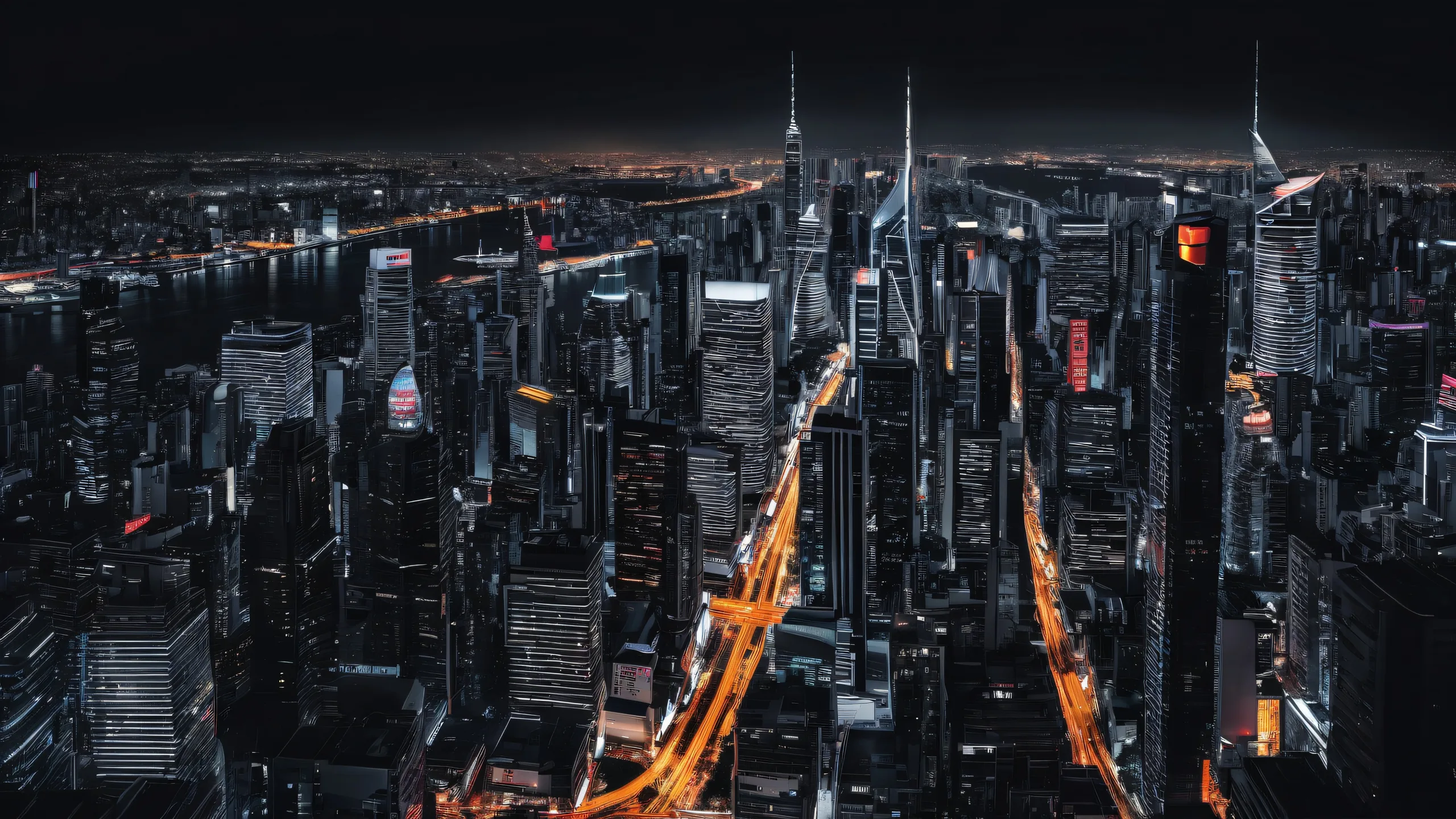 A stunning cityscape at night for your desktop/pc, featuring a vibrant neon-drenched metropolis with deep perfect blacks and striking contrast.