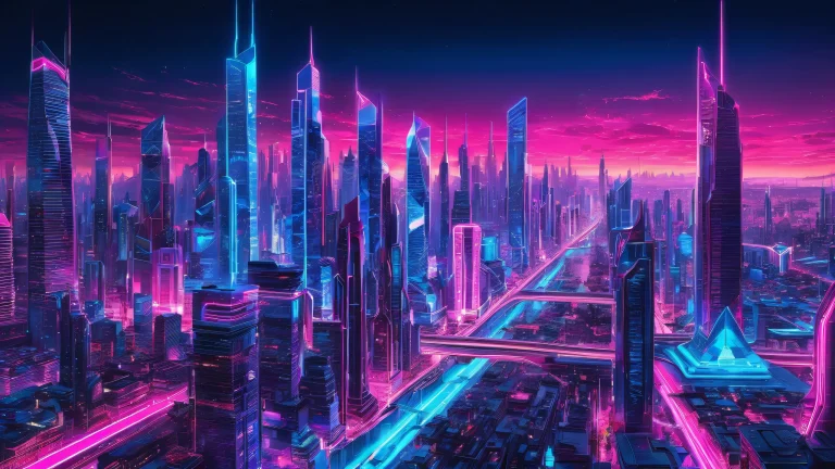 A futuristic cityscape with vibrant neon lights against a pure void background, perfecto para escritorio o PC.