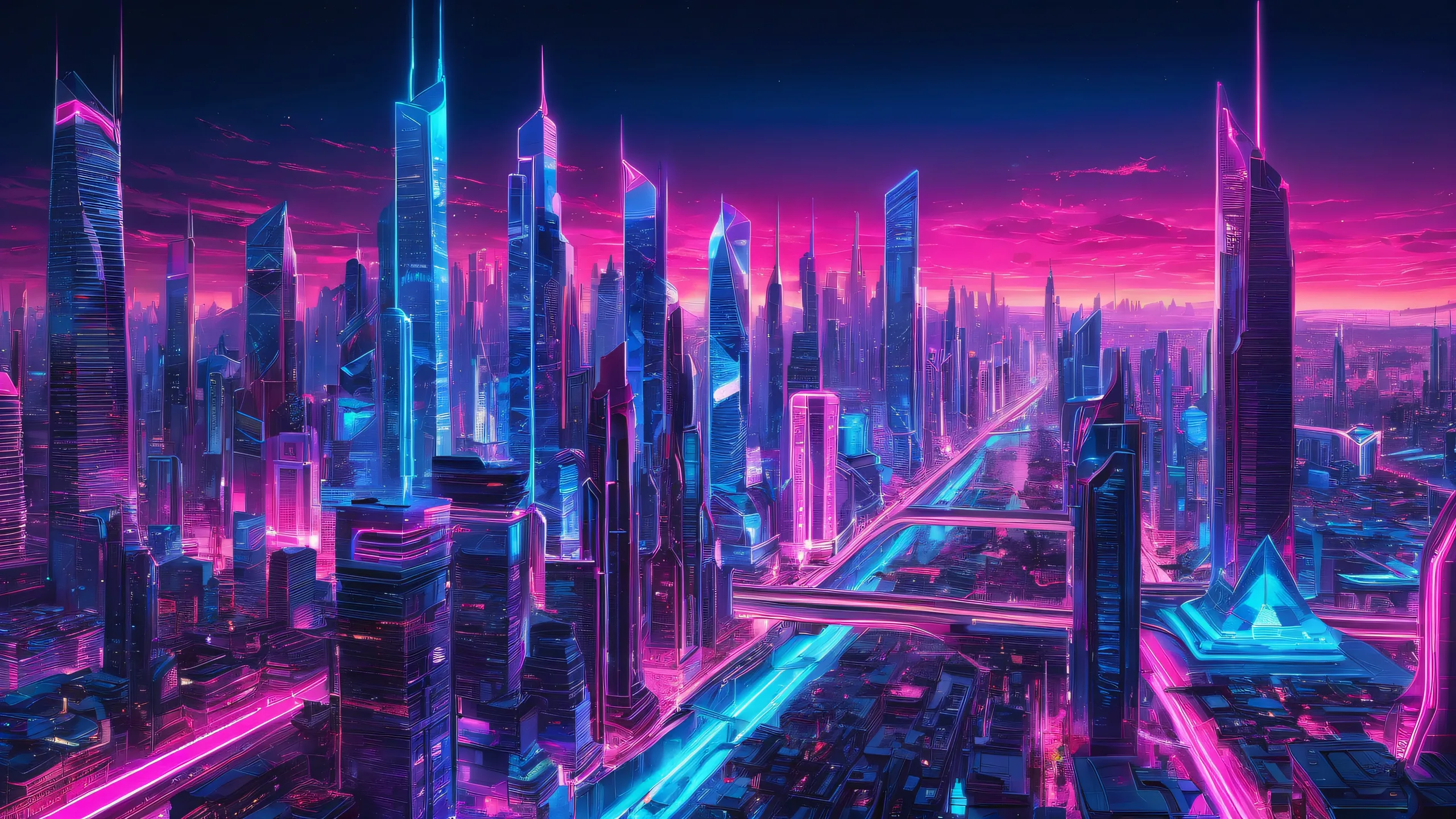 A futuristic cityscape with vibrant neon lights against a pure void background, perfect for desktop or PC.