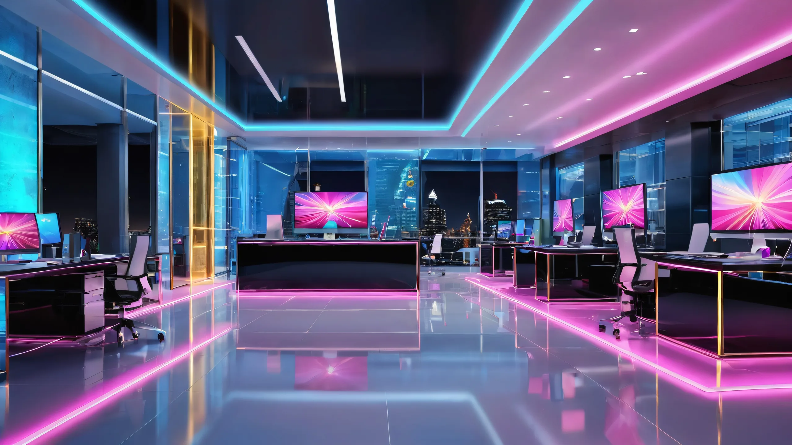 Office building desktop wallpaper with neon lights and urban surroundings for a desktop or PC.