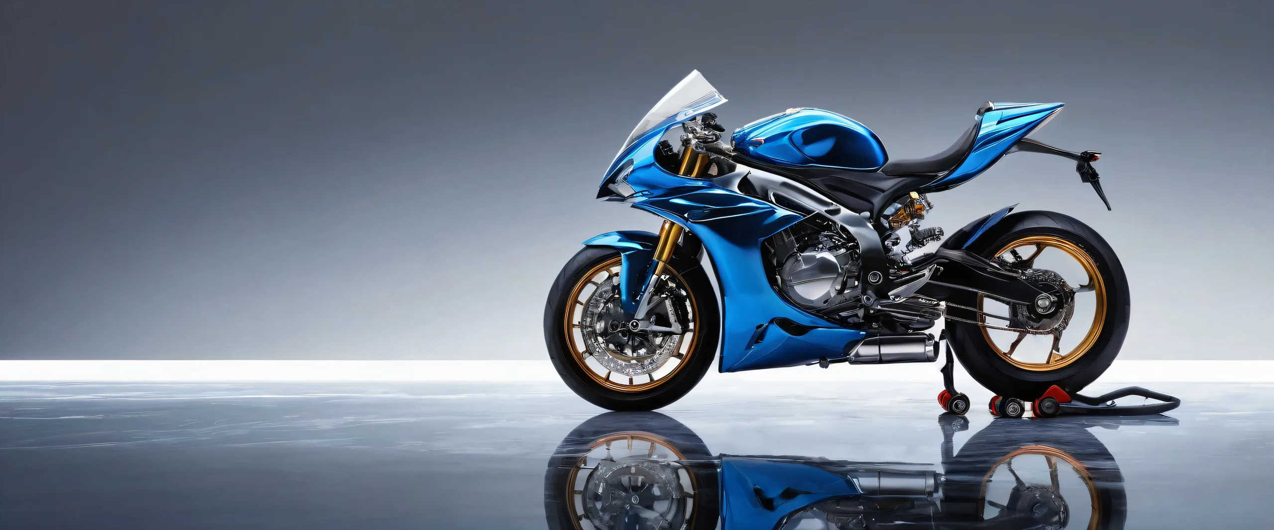 Standing motorcycle in a vast, pure void against an ethereal backdrop, suitable for desktop/pc use.