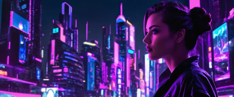 Mulher parada em um vasto vazio com uma paisagem urbana iluminada por néon ao fundo para uso em desktop/PC