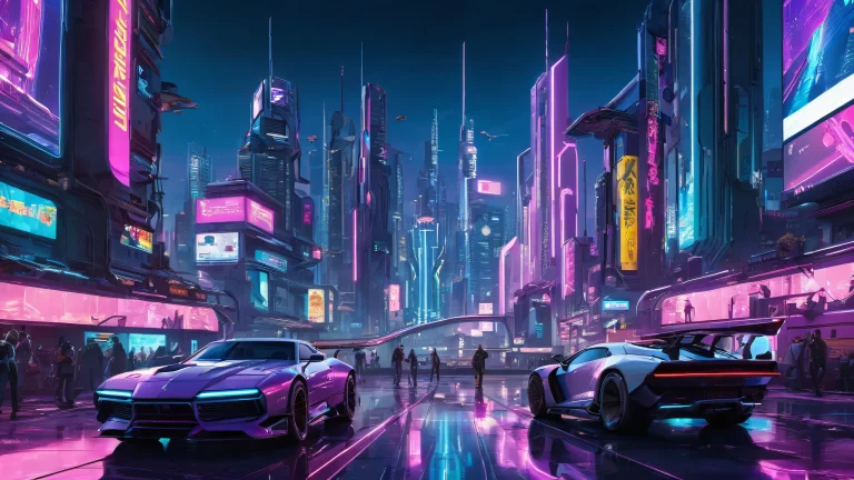 Award-winning digital art of Night City desktop wallpaper featuring futuristic cityscape and characters, perfect for PC or Mac.