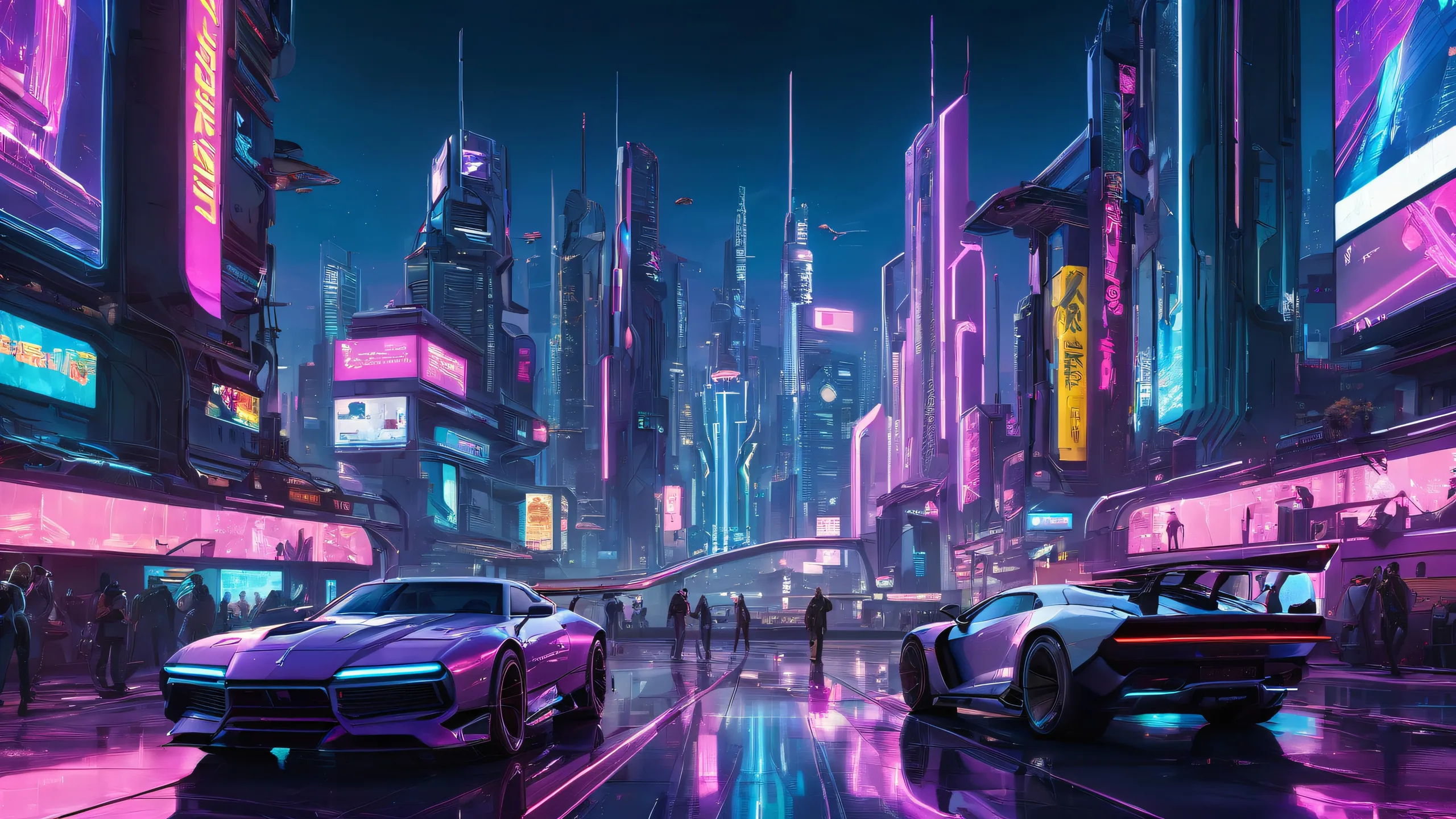 Award-winning digital art of Night City desktop wallpaper featuring futuristic cityscape and characters, perfect for PC or Mac.