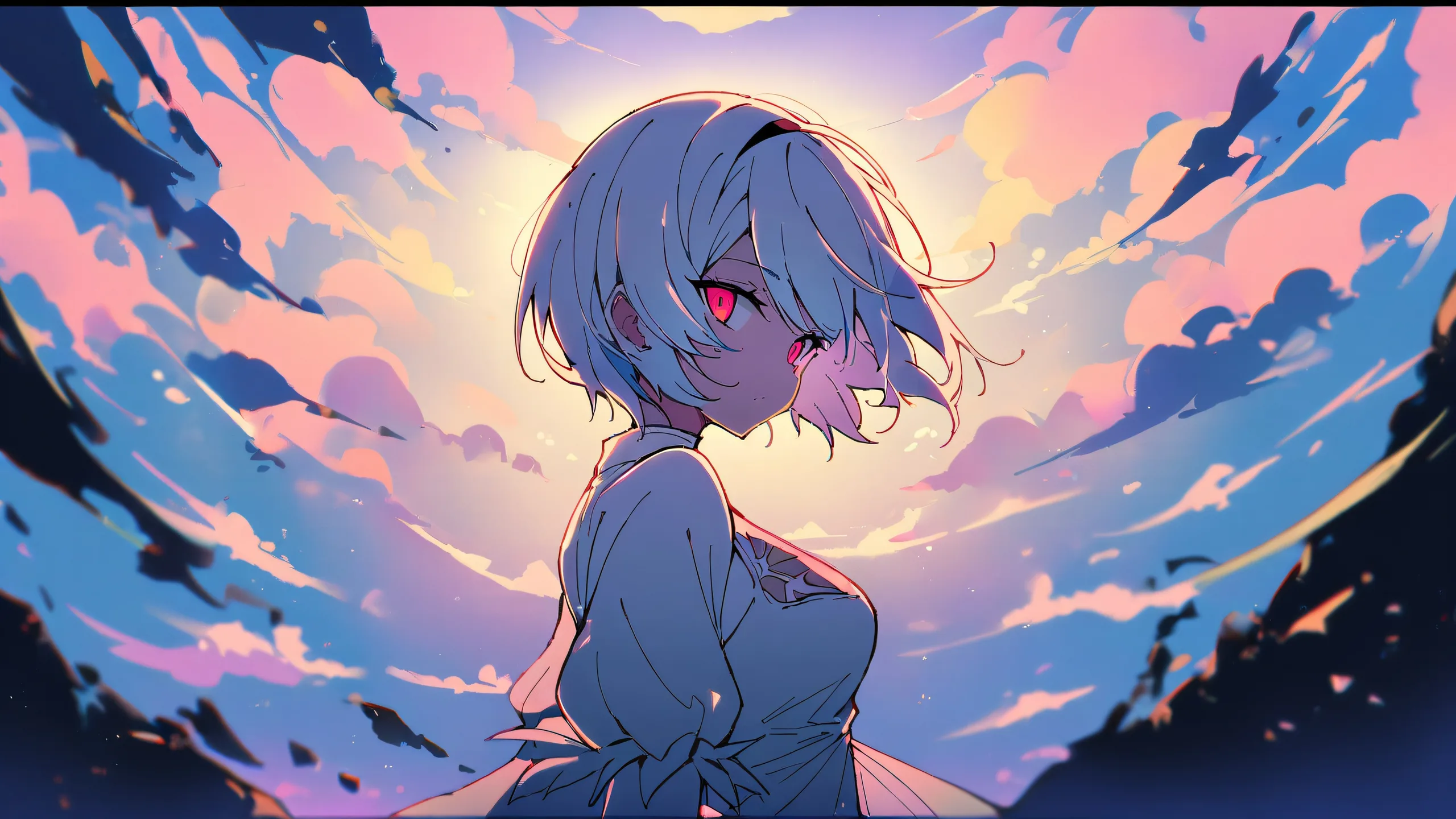 A girl standing alone in a vast, pure void with an otherworldly neon glow, perfect for a desktop or PC.