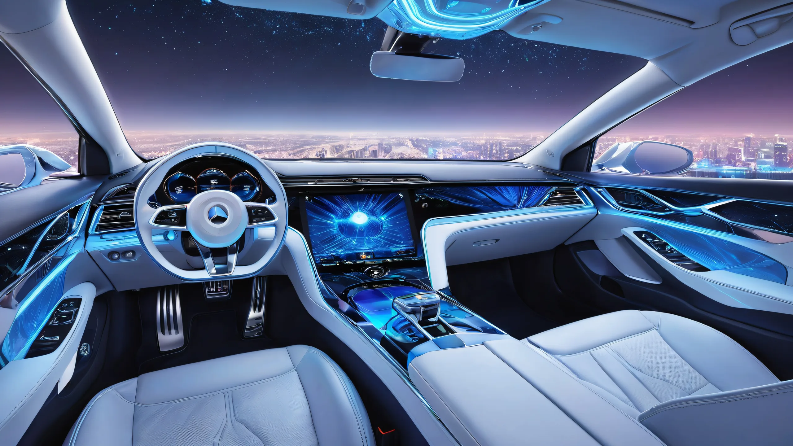 A futuristic desktop wallpaper of a clean dashboard with metallic texture and neon-lit interfaces for PC or Desktop use.
