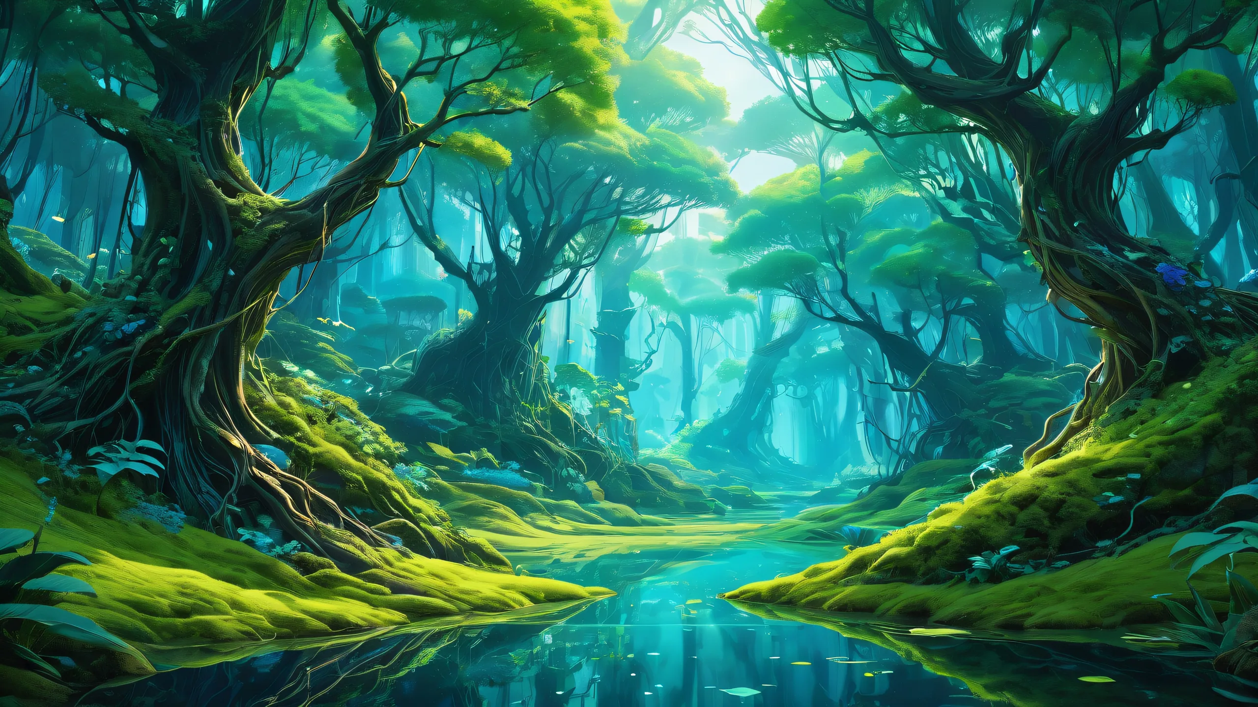 Ethereal forest landscape for desktop/PC use. Featuring vibrant neon colors and reflective surfaces.