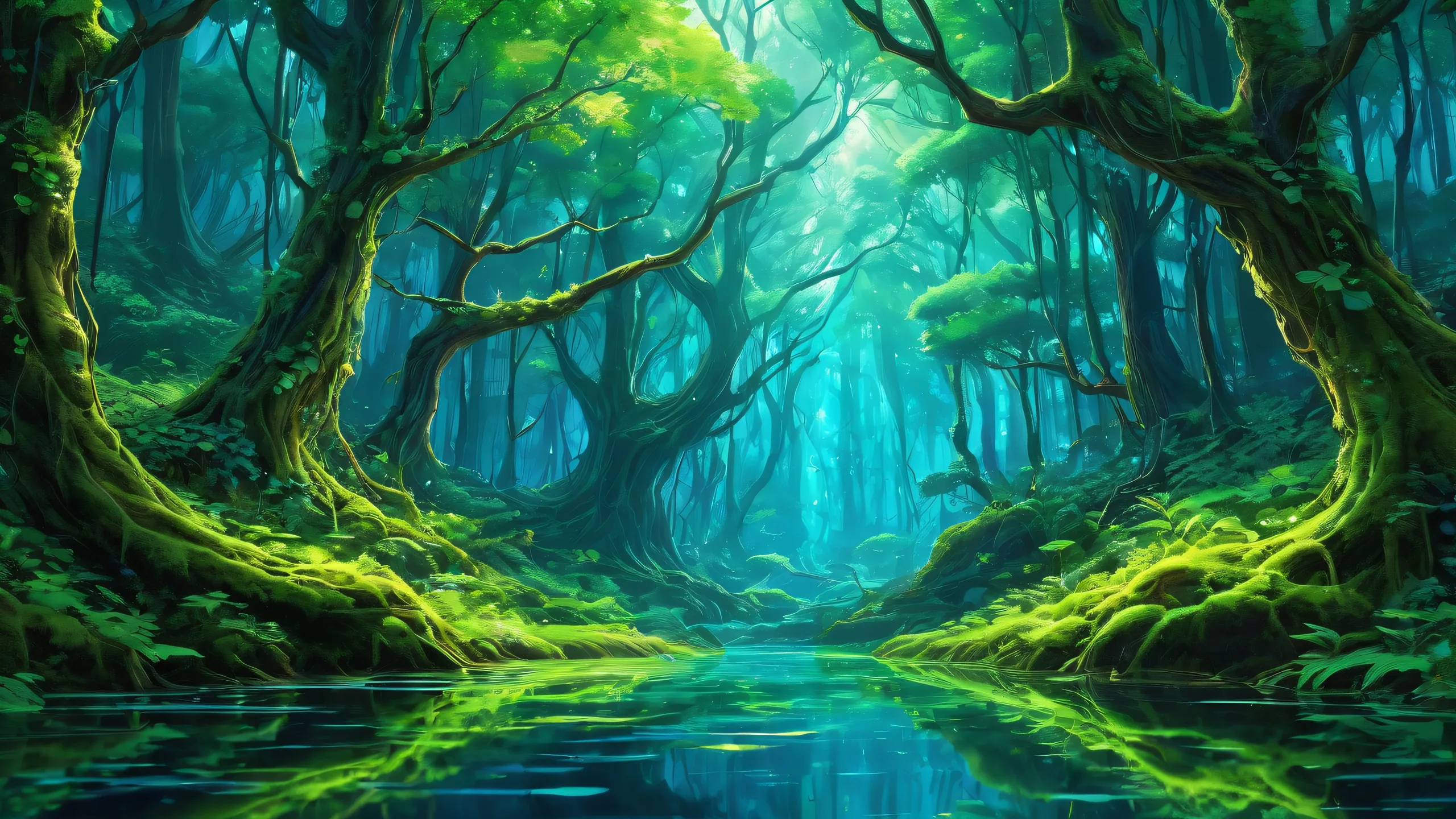 A serene and futuristic desktop scene featuring the Nerve Forest landscape with a deep depth of field, perfect for your PC or Mac.