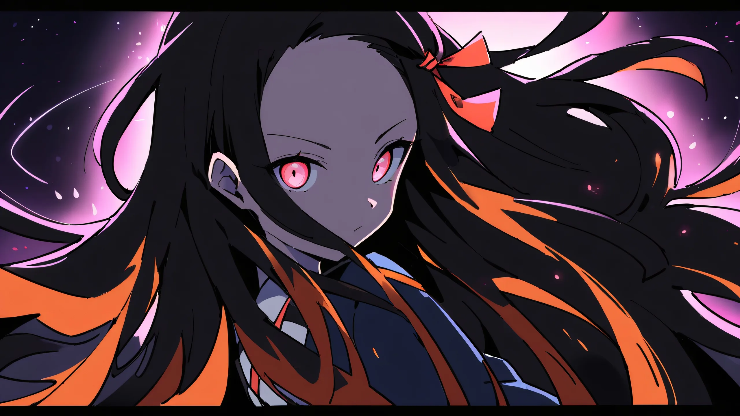 Nezuko Kamado looking at the viewer from a pure void with deep depth of field and subtle blue tint, perfect for your desktop/pc.