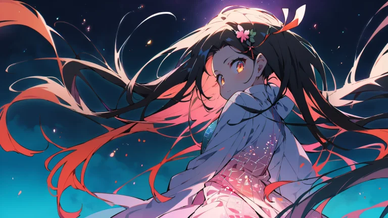 A serene Nezuko Kamado gazes directly at the viewer from a perfectly clean vast pure void, with subtle circuit board patterns in the background.