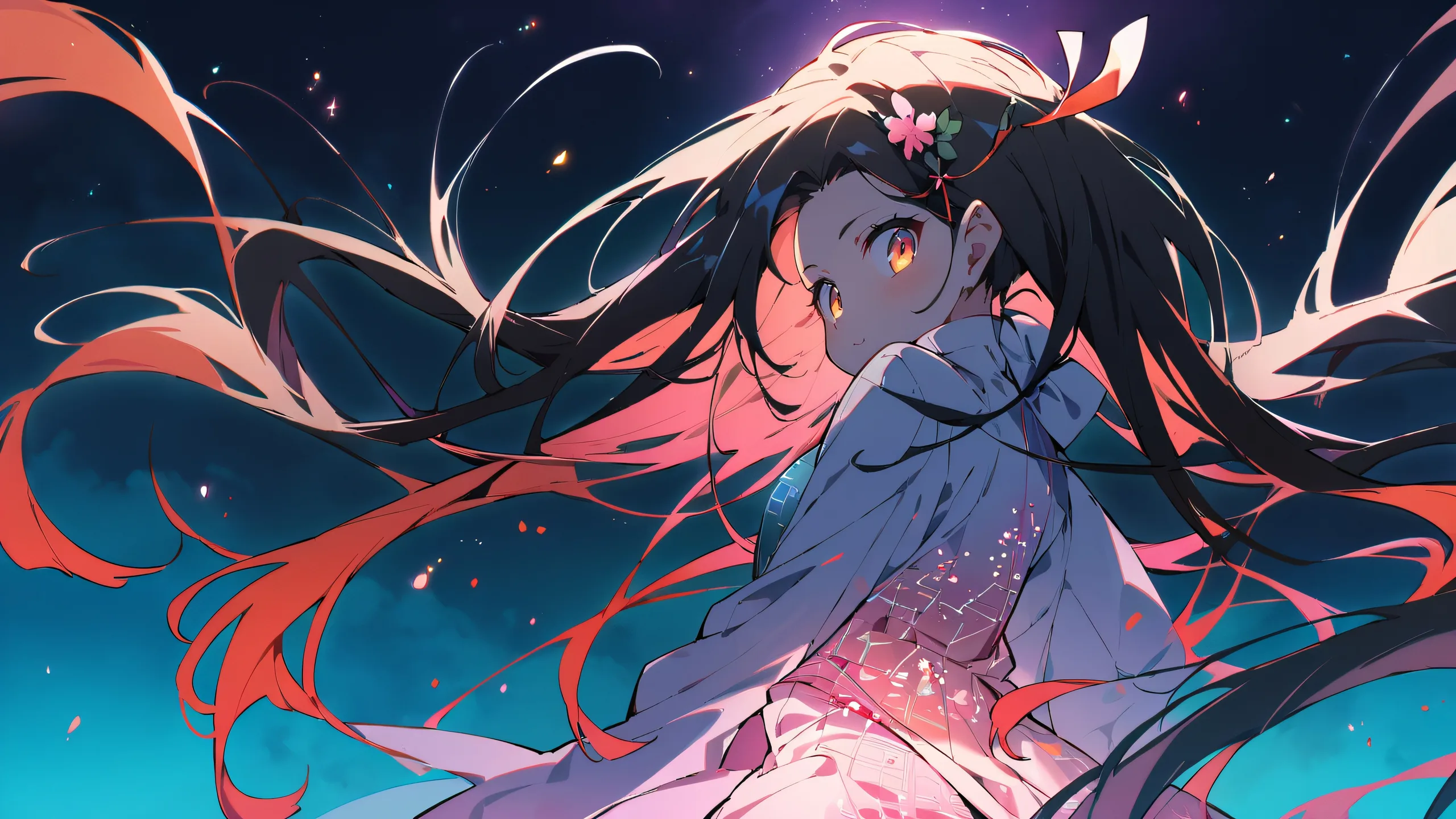 A serene Nezuko Kamado gazes directly at the viewer from a perfectly clean vast pure void, with subtle circuit board patterns in the background.