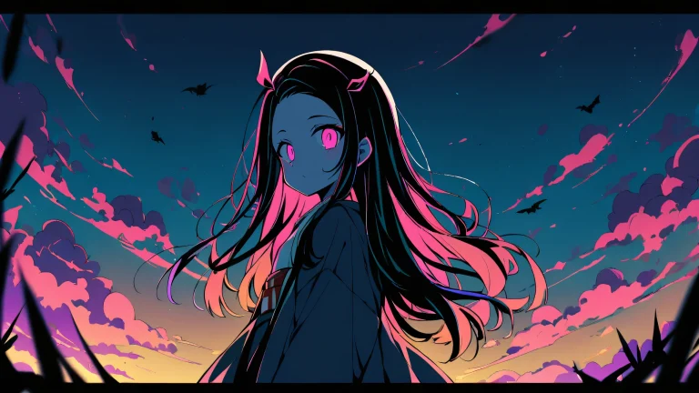 Nezuko Kamado sitting on a vast pure void, looking at the viewer with a mesmerizing gaze, perfect for desktop/pc screens.