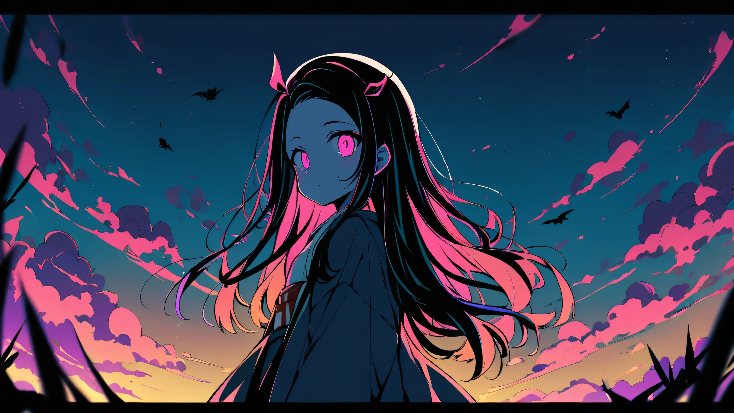 Nezuko Kamado sitting on a vast pure void, looking at the viewer with a mesmerizing gaze, perfect for desktop/pc screens.