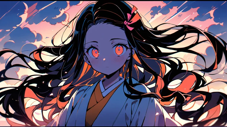 A stunning image of Nezuko Kamado from Demon Slayer, looking directly at the viewer on a clean and vast pure void background with clouds in the sky, for use as desktop wallpaper.