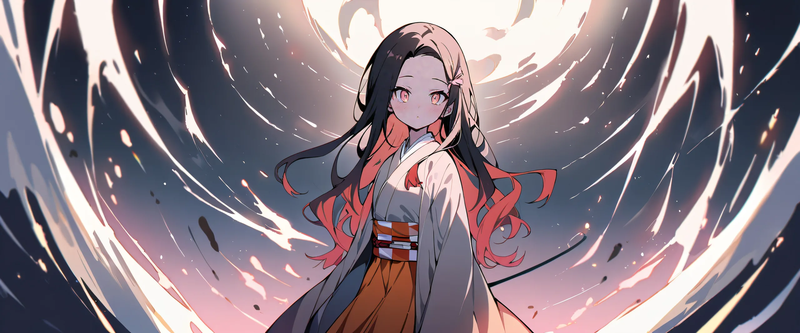 A serene Nezuko Kamado from Demon Slayer looks directly at the viewer on a perfectly clean and vast pure void, with extreme depth of field featuring subtle plaid patterns in the background for Desktop/PC.