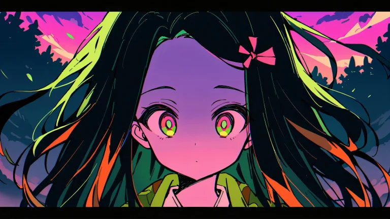 A serene meadow at the forest edge with Nezuko Kamado looking directly at the viewer from a clean and pure void, suitable for desktop/pc use.