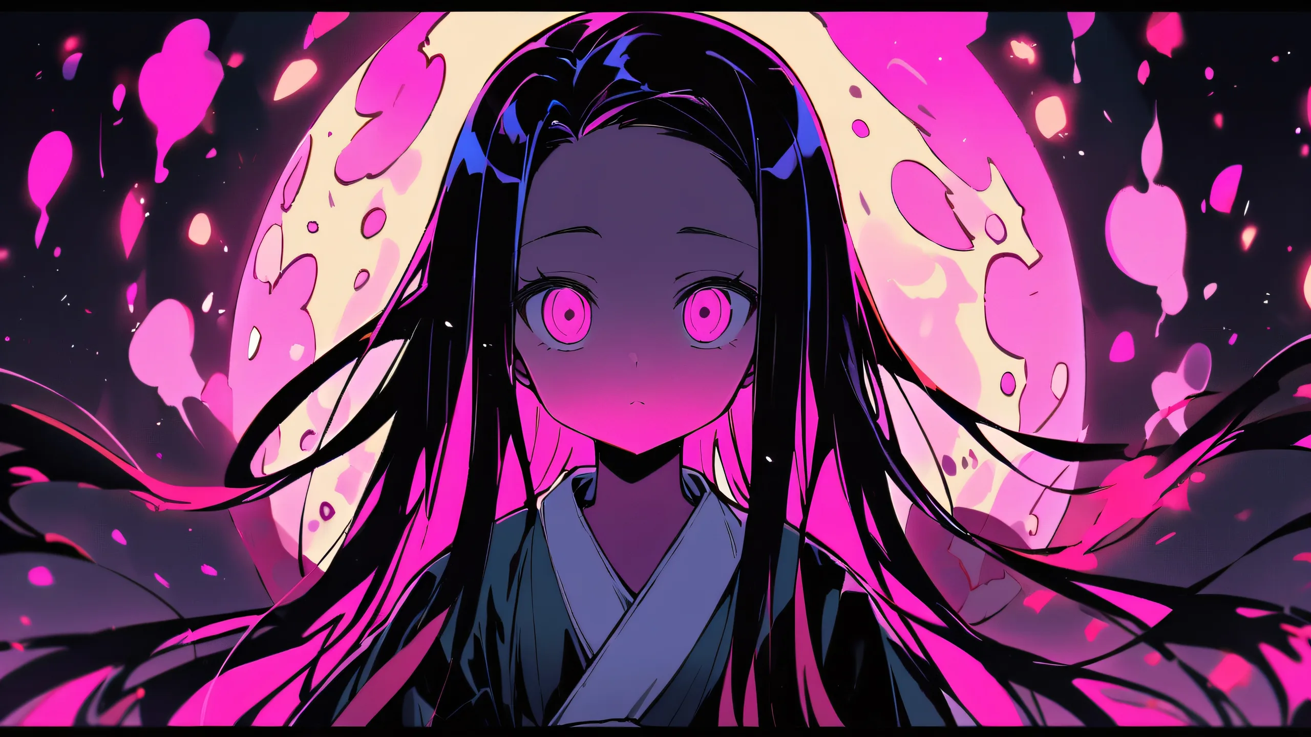 Nezuko Kamado, the Demon Slayer, gazes into the distance on a perfectly clean and vast pure void, with extreme depth of field and subtle texture, ideal for desktop/PC use.