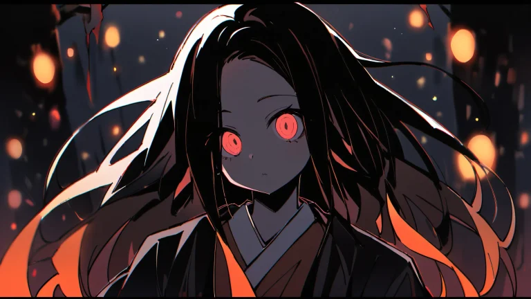 Demon Slayer's Nezuko Kamado gazes into the void on a dark desert landscape with a pure, expansive darkness for context, suitable for Desktop/PC
