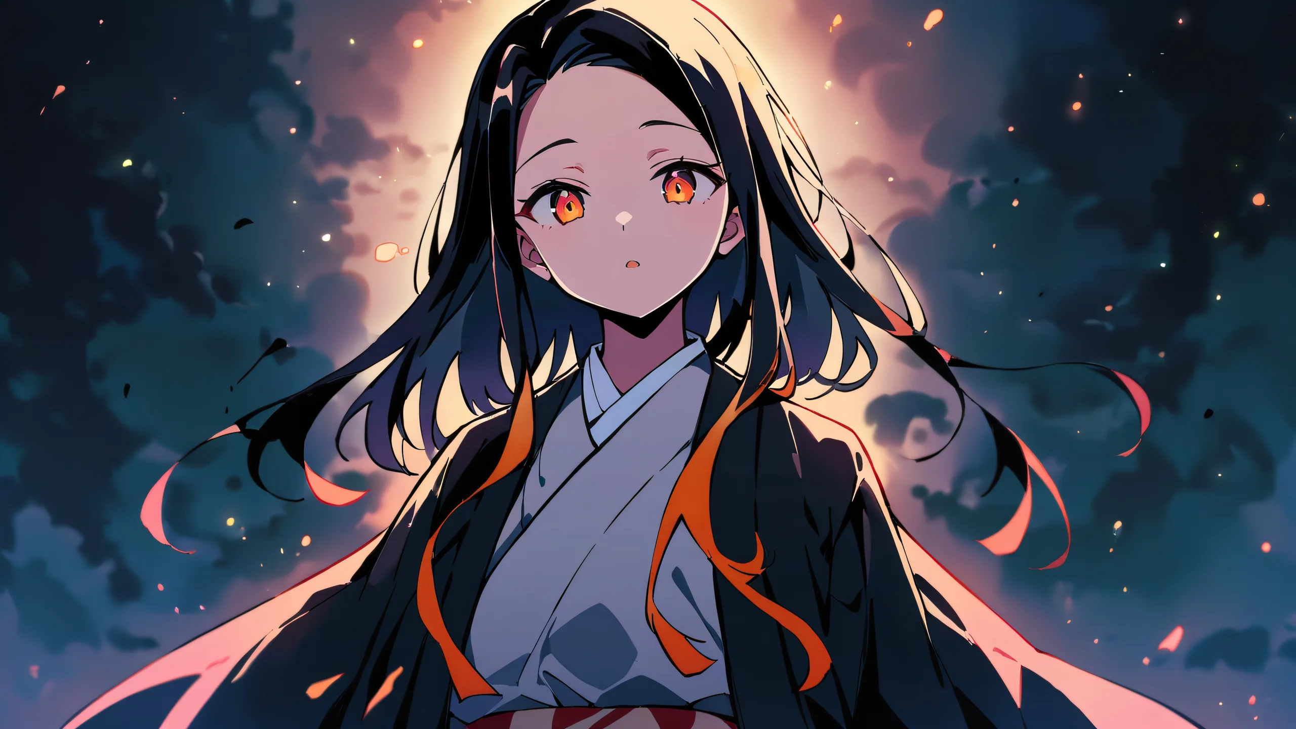 Nezuko Kamado sitting in a vast pure void, looking directly at the viewer with an intimate gaze. Desktop/PC wallpaper.