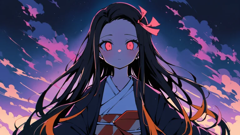 A lone robot girl, Nezuko Kamado from Demon Slayer, gazes at the viewer against a pure void on a desktop/PC.