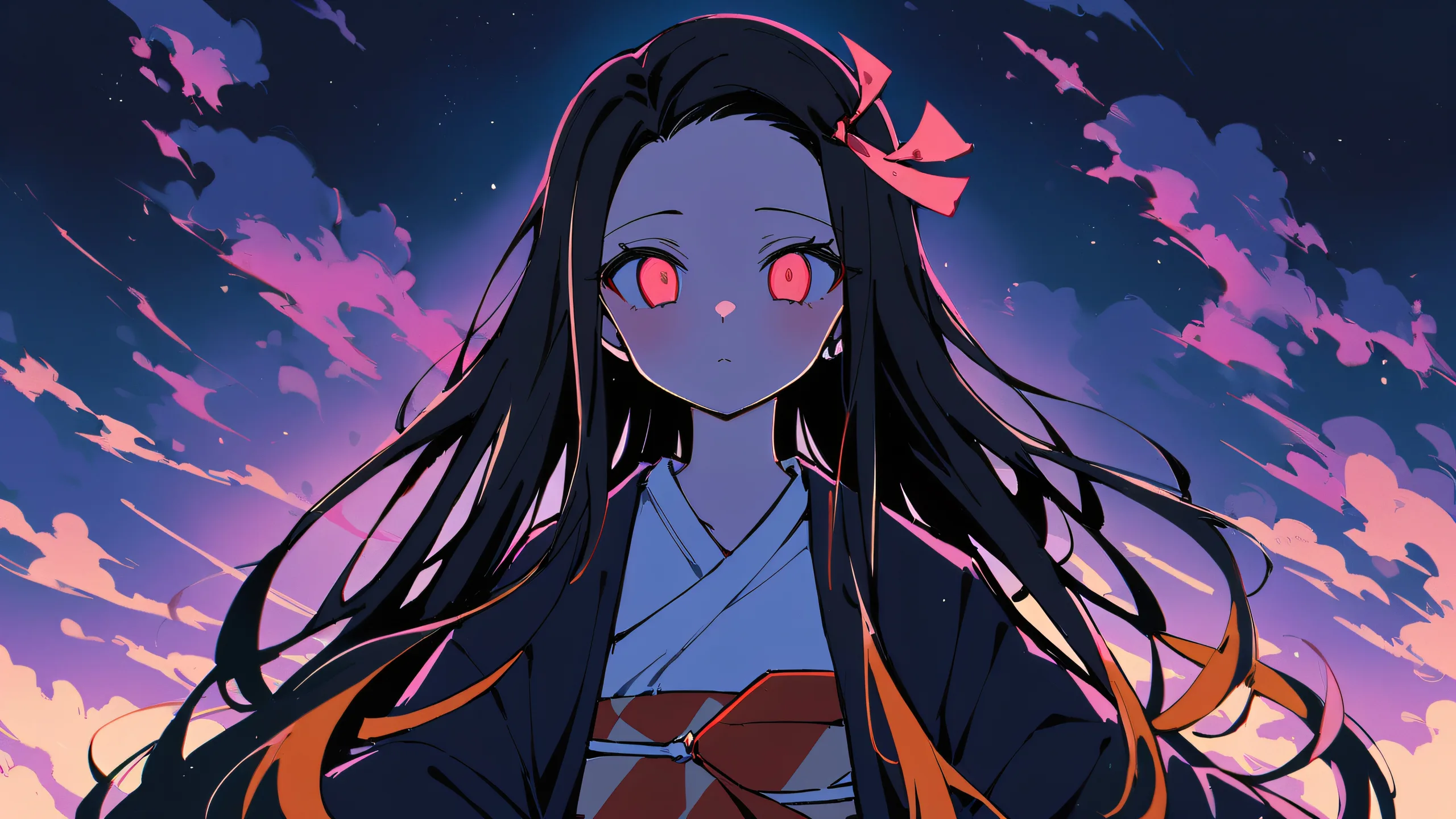 A lone robot girl, Nezuko Kamado from Demon Slayer, gazes at the viewer against a pure void on a desktop/PC.