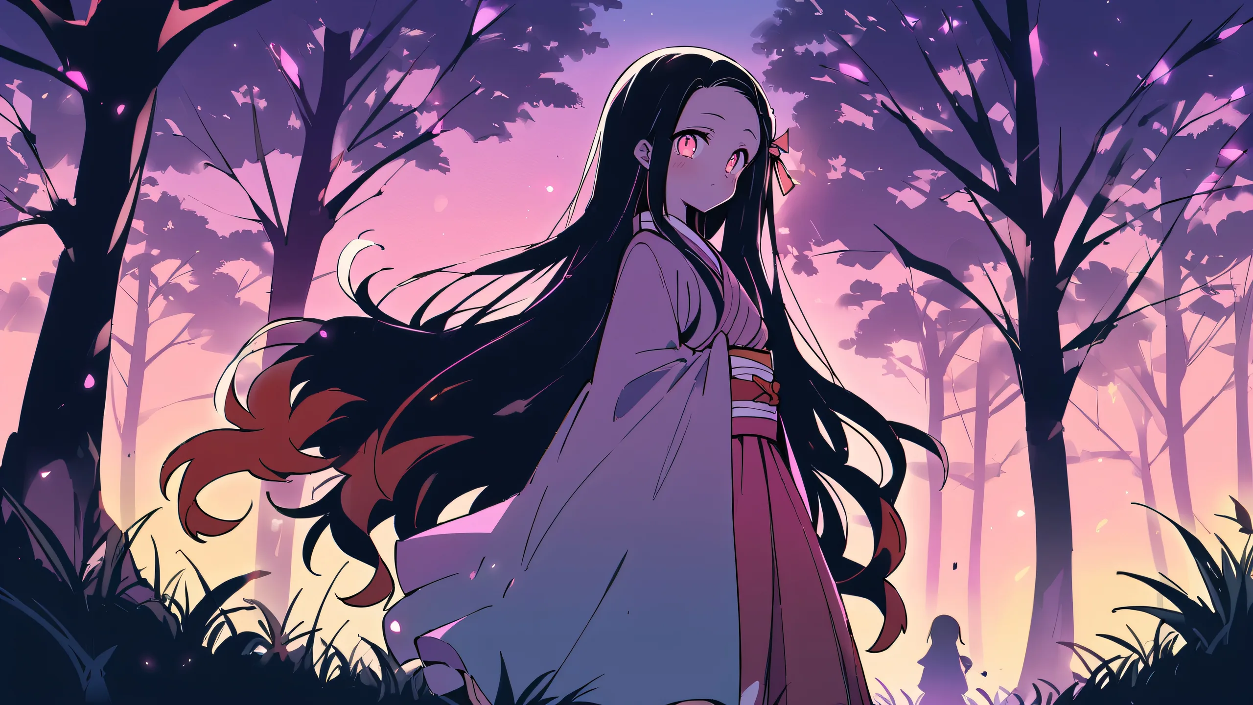 A serene anime scene of Nezuko Kamado sitting alone on a tree stump amidst a vast, pure void with a single tree and lush grass, perfect for your desktop/pc.