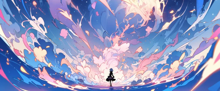 Girl looks at viewer on a perfectly clean vast pure void with cherry blossom petals against white background on a PC or desktop.
