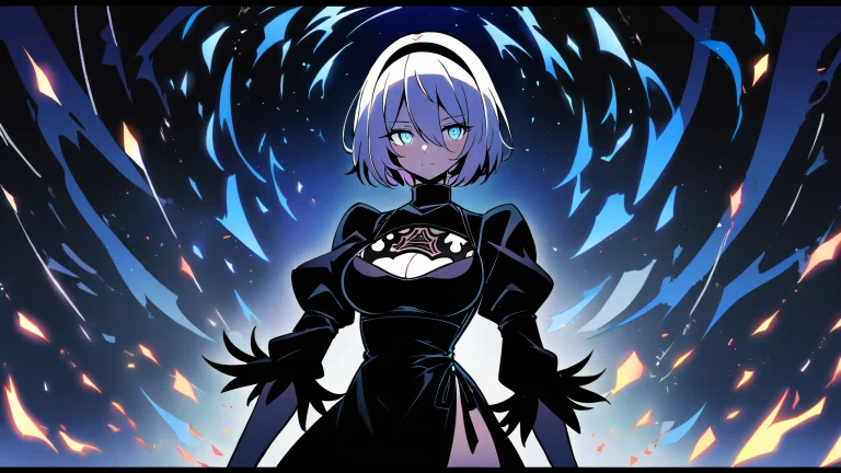 A solo Nier Automata girl standing against a vast, pure void on a 16:9 desktop, perfectly clean with subtle starlight accents and minimal atmospheric haze. For screen readers: Desktop/PC image of anime girl looking at the viewer.