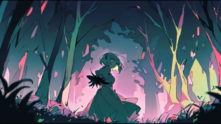 A girl from Nier Automata sits on a desktop, looking directly at the viewer, with a vast pure void and subtle tree and grass background.
