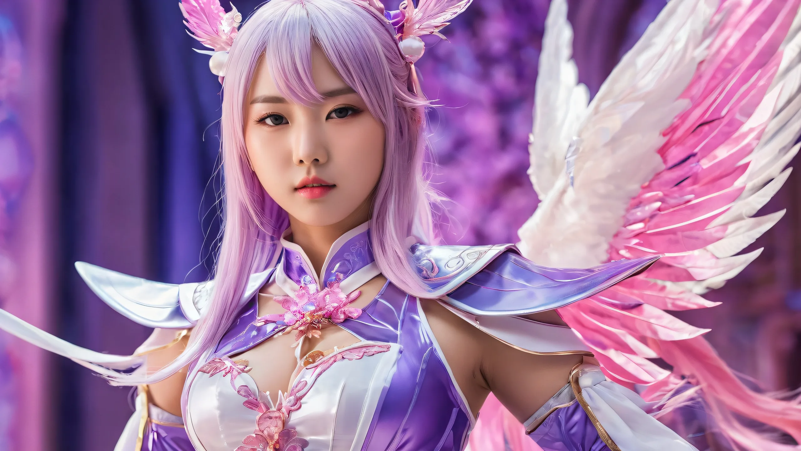 Fantasy desktop wallpaper of Asian Cosplayer Alice (Nikke) in a pure void with ethereal lighting and stunning visual impact for Desktop/PC use.