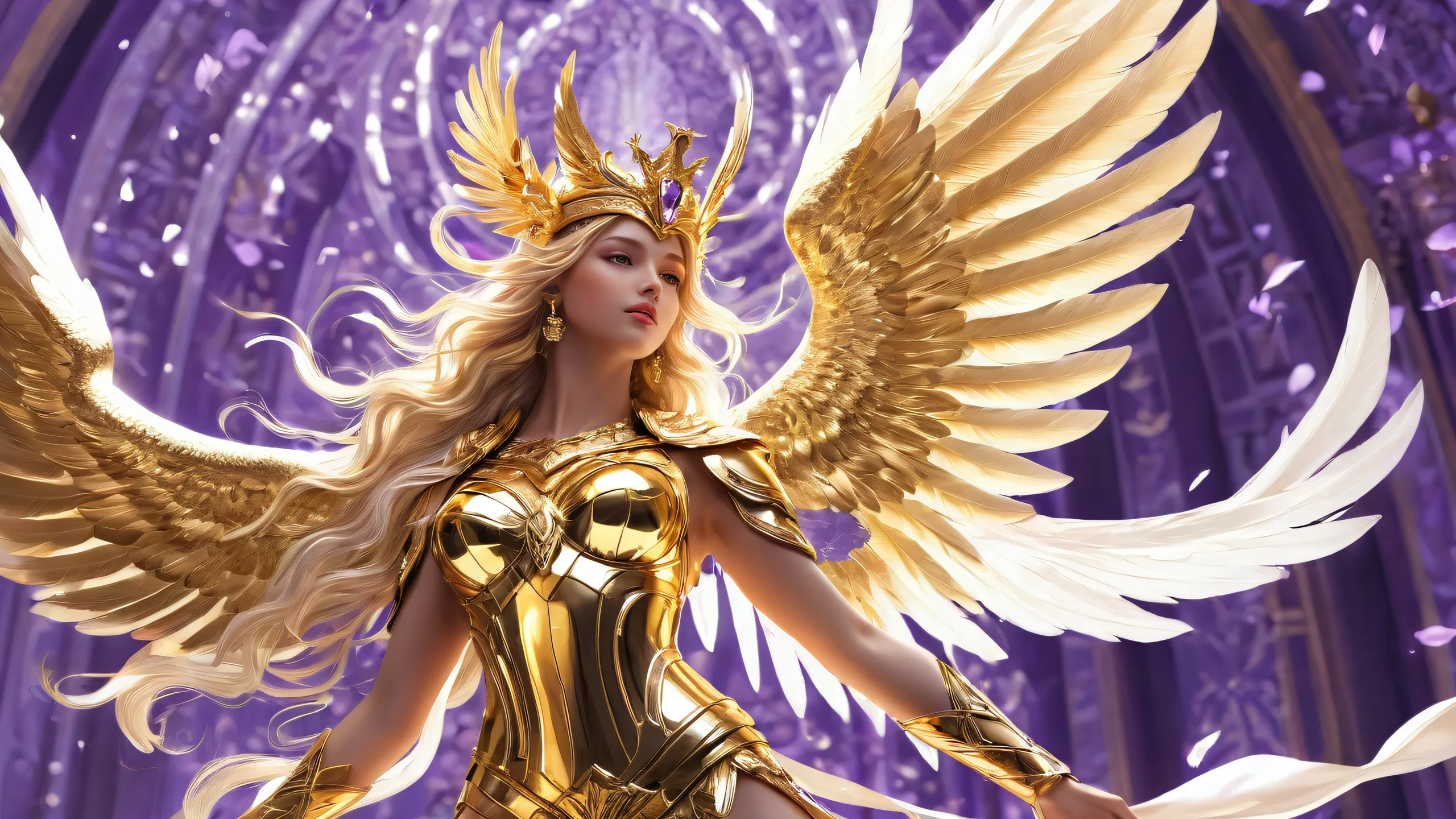 Ethereal desktop wallpaper of Nikke the Goddess of Victory on a pure void background with vibrant colors and ray traced reflections. Suitable for PC or Desktop.