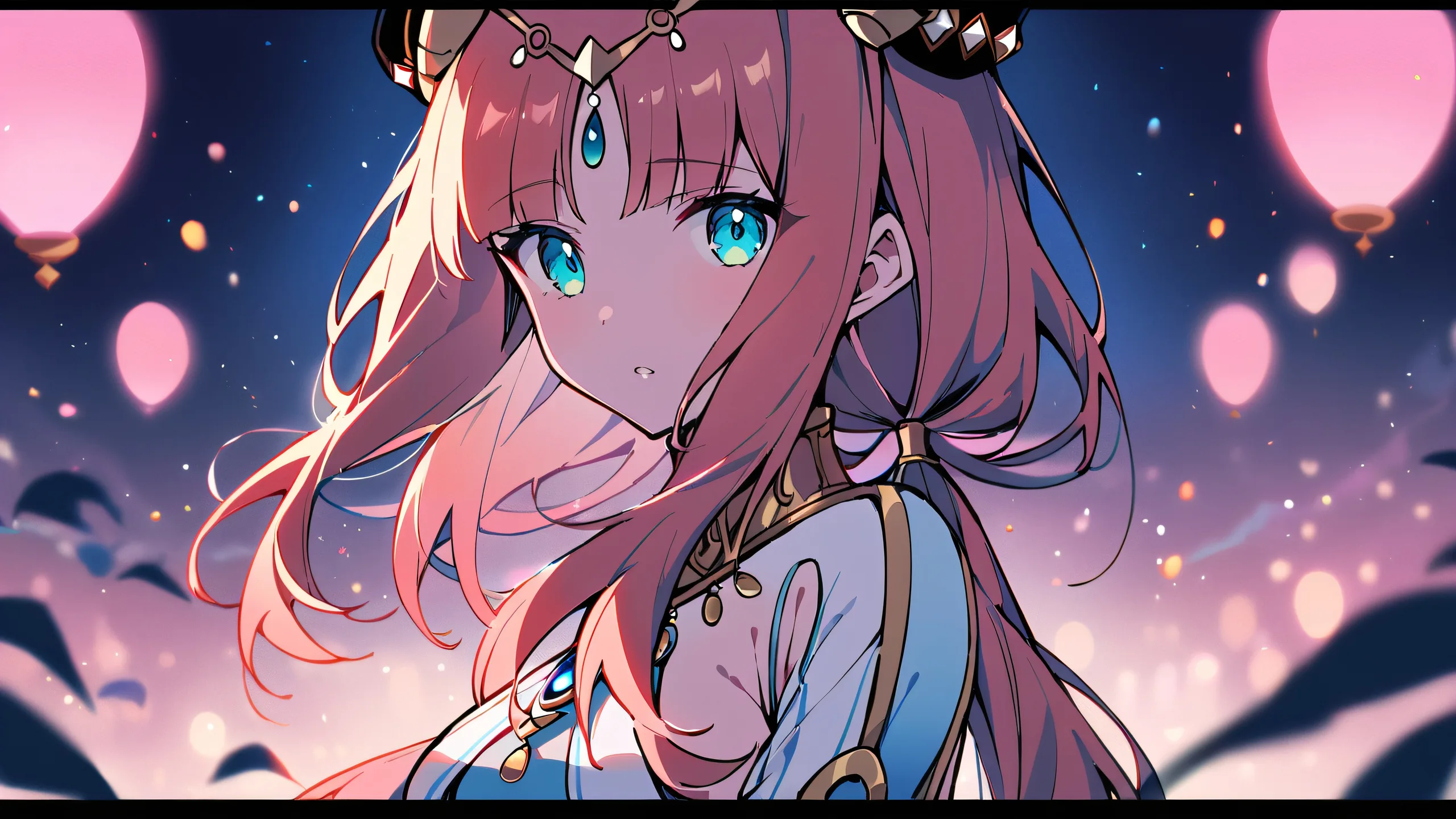 Ultra HD Elegant Nilou Solo Night Wallpaper A beautiful anime-inspired desktop image of Nilou from Genshin Impact looking at the viewer against a stunning night scene with a vast pure void and extreme depth of field, featuring pastel pink and soft white hues on her attire, set against a dramatic backdrop with glowing lights and deep perfect blacks.