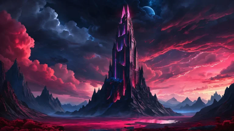 Obsidian Tower desktop wallpaper featuring a stormy night sky with swirling clouds and a crimson red tone, perfect for PC or Desktop use.