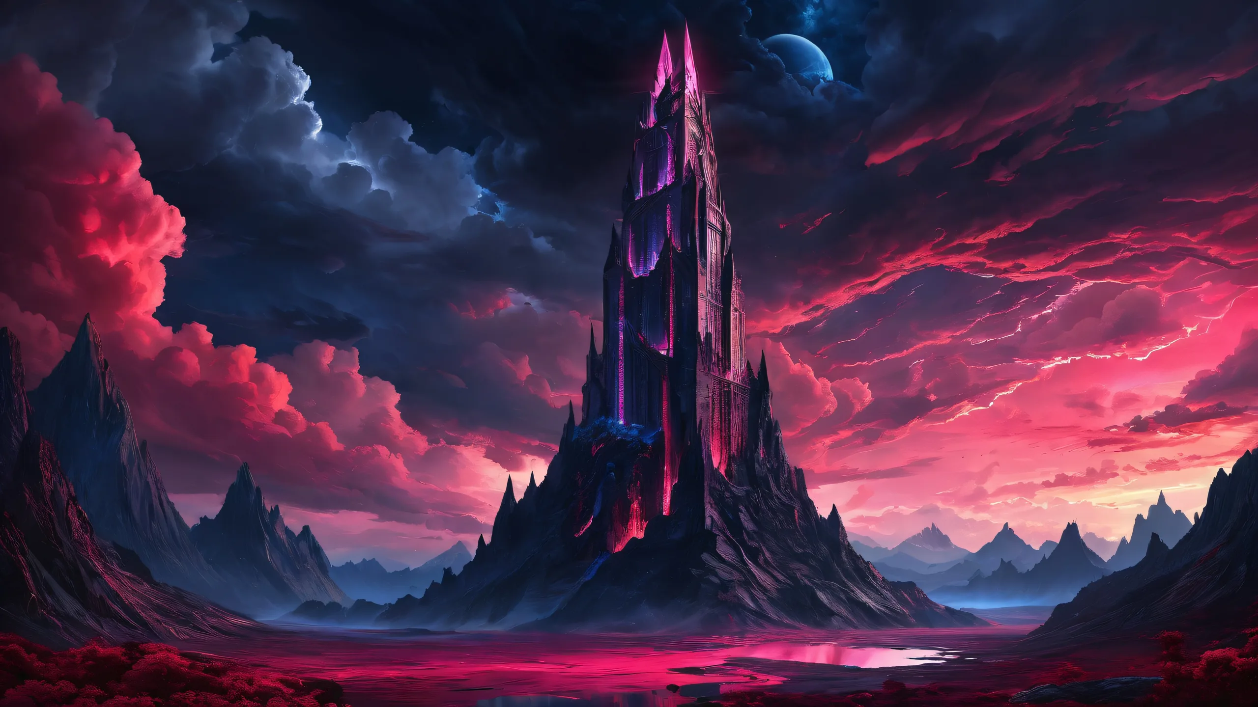 Obsidian Tower desktop wallpaper featuring a stormy night sky with swirling clouds and a crimson red tone, perfect for PC or Desktop use.