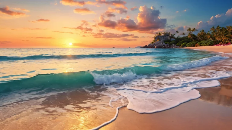 A serene and peaceful ocean scene on a desktop or PC background, with a cloudless sky, extreme depth of field, and radiant colors.